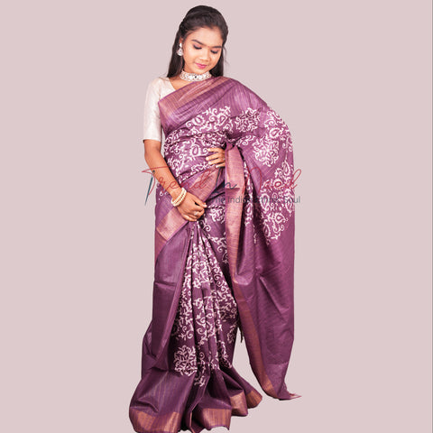 Batik Printed Cotton Silk Saree - Purple Color