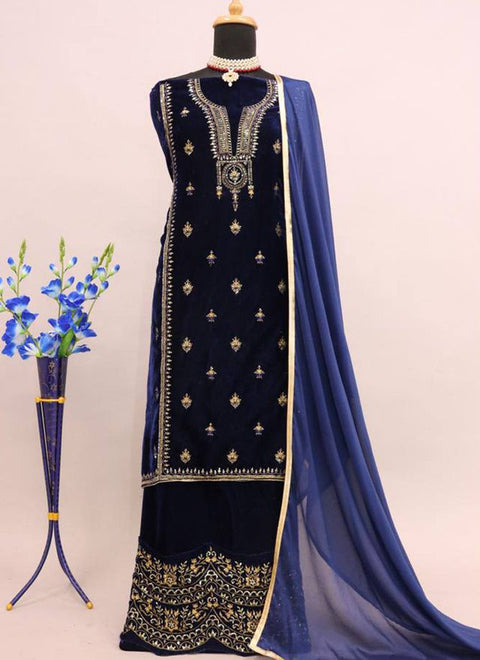 Semi-Stitched Blue Velvet Salwar Suit With Dupatta