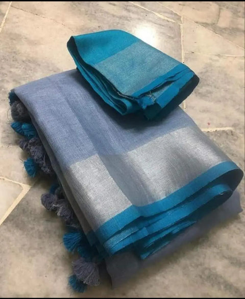Linen Cotton Plain Saree - Grey and Blue Color