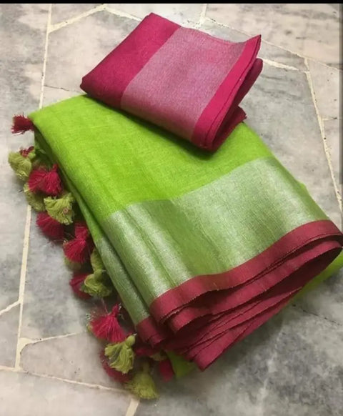 Linen Cotton Plain Saree - Green and Pink Color