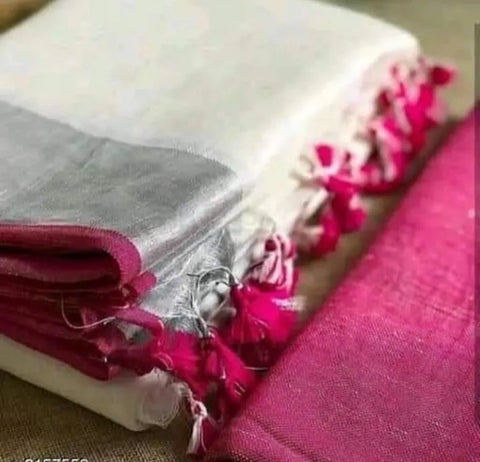 Linen Cotton Plain Saree - White and Pink Color