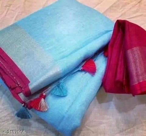 Linen Cotton Plain Saree - Blue and Pink Color