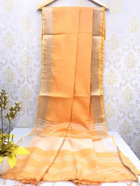 Linen Cotton Plain Saree - Peach Color