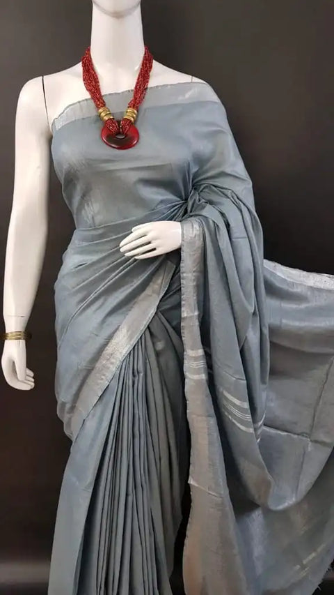 Plain Cotton Linen Saree - Grey Color
