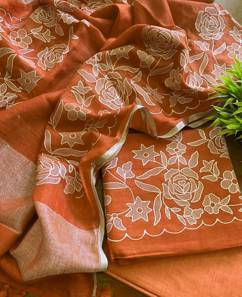 Orange - Cotton Slub Salwar Suit With Resham Embroidery