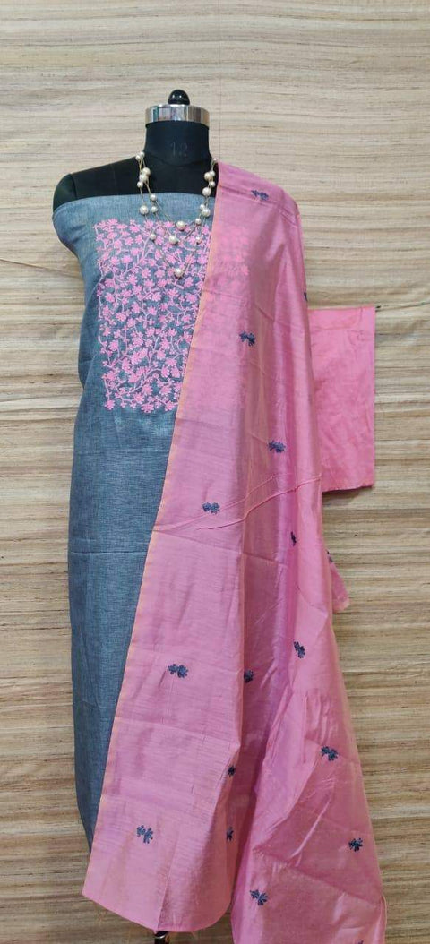 Cotton Silk Embroidered Work Dress Material - Grey & Pink