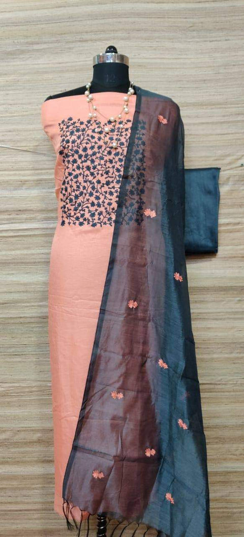 Cotton Silk Embroidered Work Dress Material - Peach