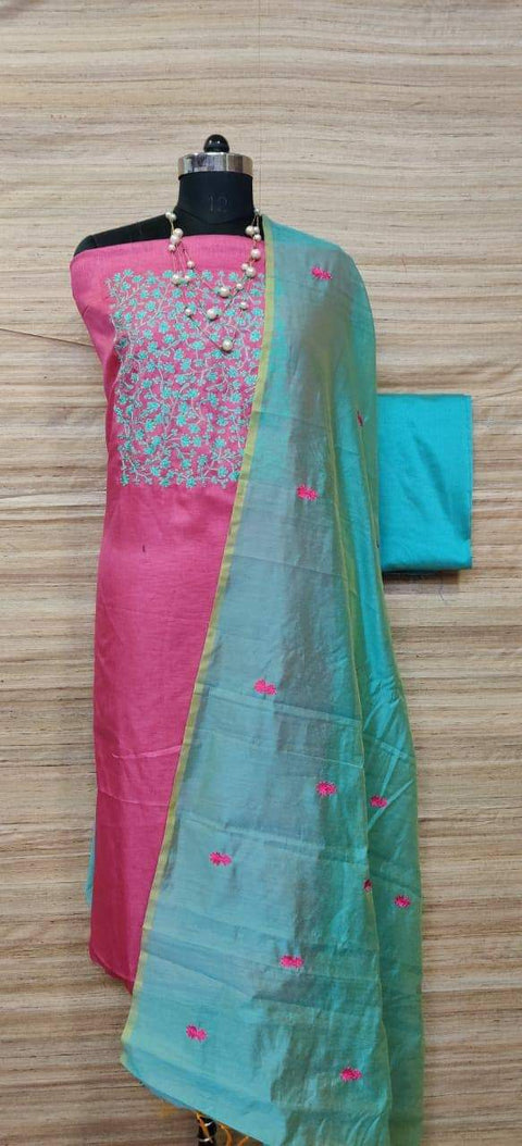 Cotton Silk Embroidered Work Dress Material - Dark Pink