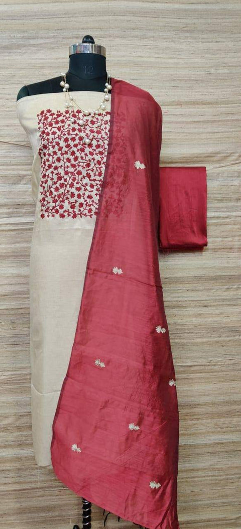 Cotton Silk Embroidered Work Dress Material - White & Red