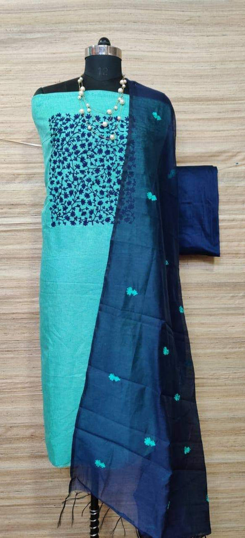Cotton Silk Embroidered Work Dress Material - Blue
