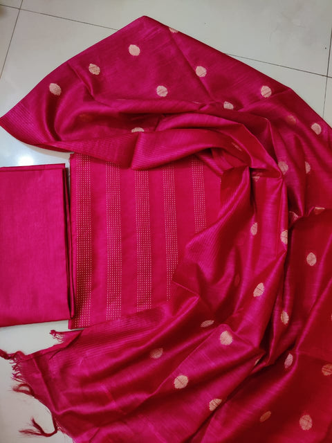 Cotton Silk Woven Design Suit - Red