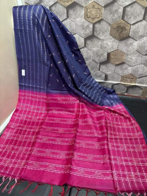 Cotton Silk All Over Stripes Woven Saree - Blue & Pink