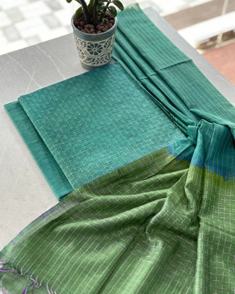 Kota Banswara Bamboo Silk Dress Material - Sea Blue & Green