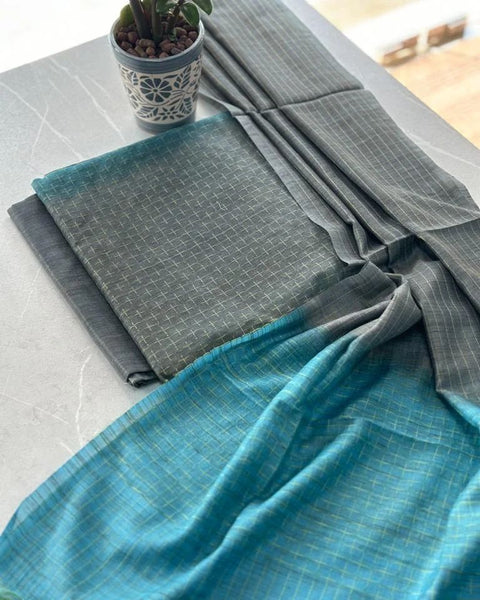 Kota Banswara Bamboo Silk Dress Material - Grey & Blue