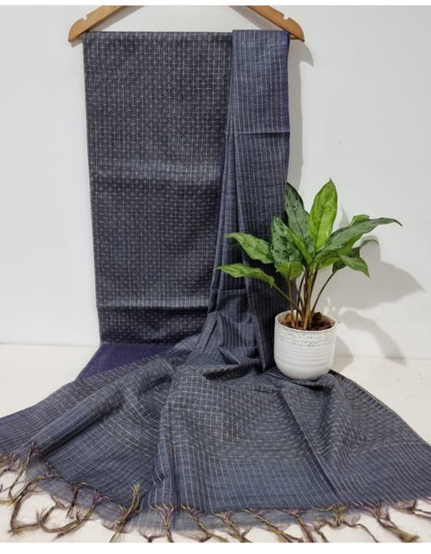 Kantha Woven Kota Banswara Silk Suits - Navy Blue