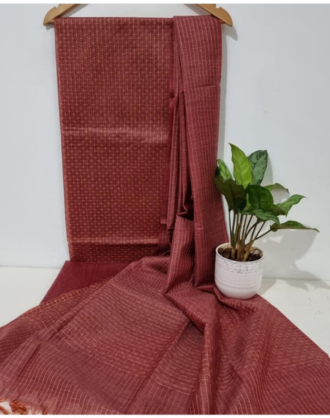 Kantha Woven Kota Banswara Silk Suits - Red Colour