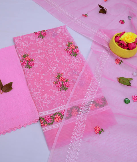 Kota Doria Embroidery Suits - Pink color