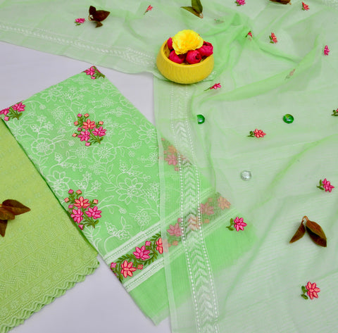 Kota Doria Embroidery Suits - Green Color
