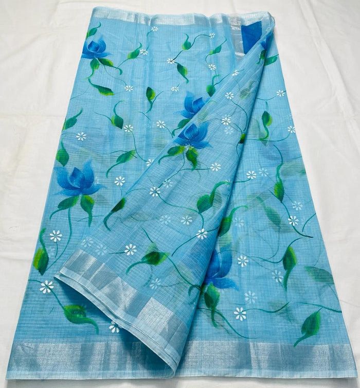 Hand Painted Kota Doria Saree -  Blue Color