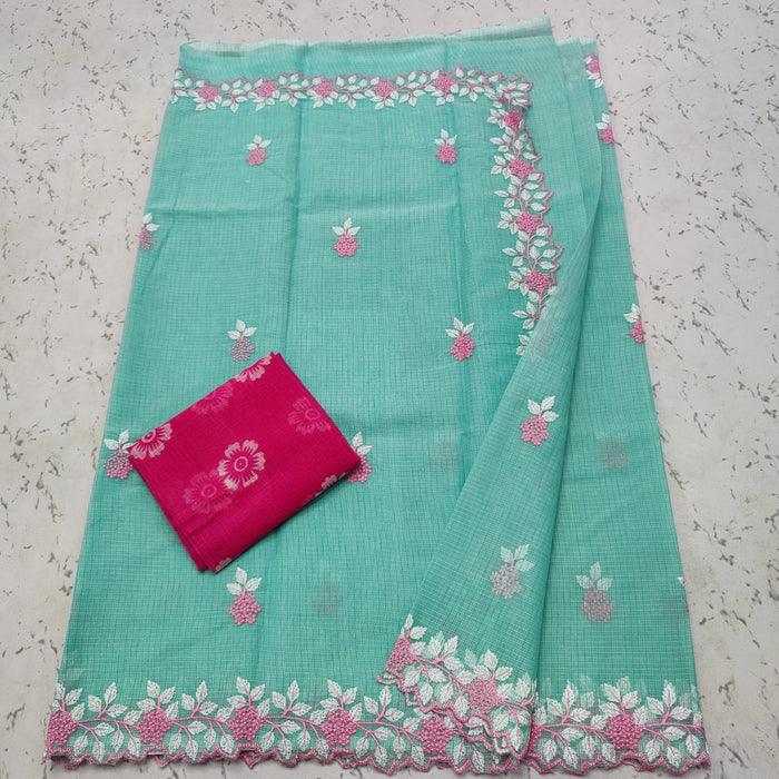 Kota Doria Cotton Embroidered Saree - Sea Blue Color