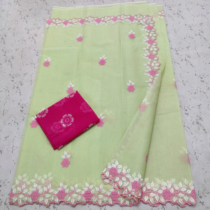 Kota Doria Cotton Embroidered Saree - Pista Green Color