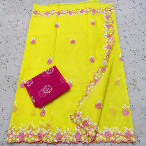 Kota Doria Cotton Embroidered Saree - Yellow Color