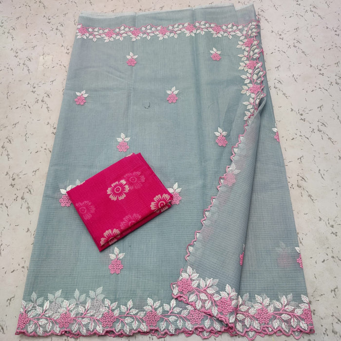 Kota Doria Cotton Embroidered Saree - Grey Color