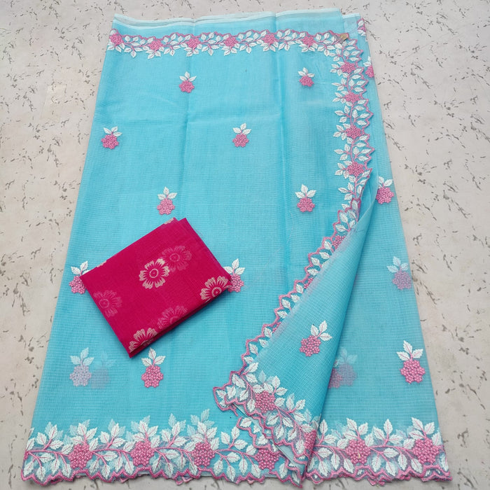 Kota Doria Cotton Embroidered Saree - Blue Color