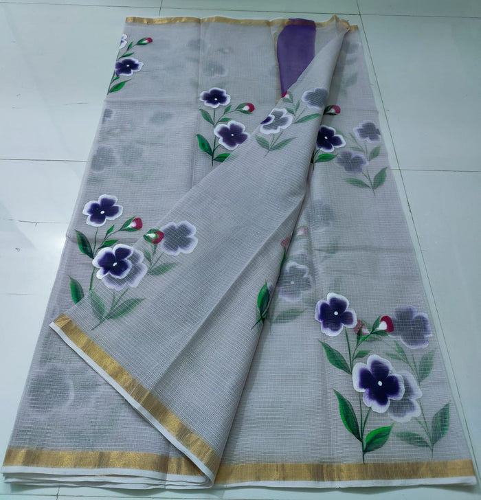 Kota Pure Cotton Hand Painted Saree - Grey Color