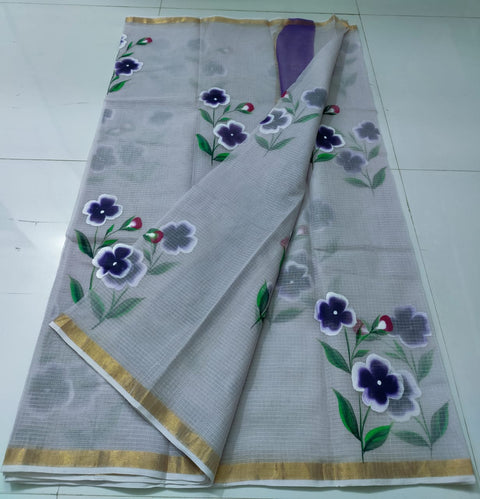 Kota Pure Cotton Hand Painted Saree - Grey Color