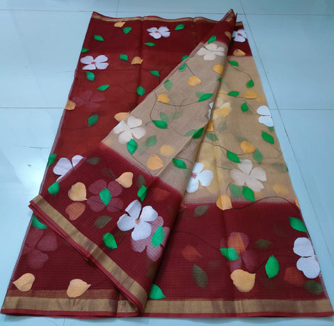 Kota Pure Cotton Painted Saree - Red & Beige Color
