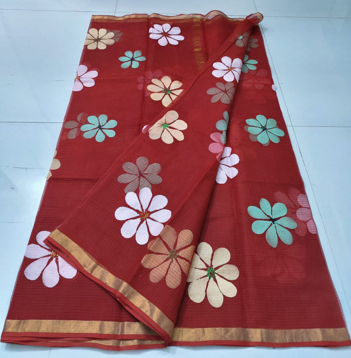Kota Pure Cotton Hand Painted Saree - Red Color
