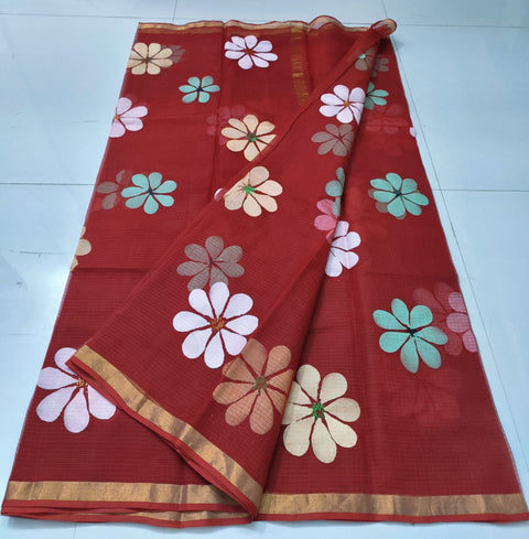 Kota Pure Cotton Hand Painted Saree - Red Color