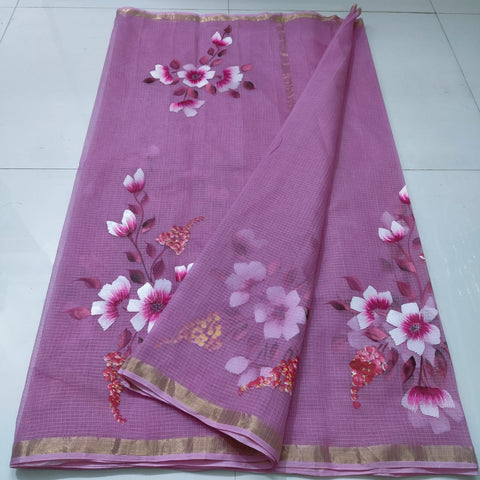 Kota Pure Cotton Hand Painted Saree - Purple Color