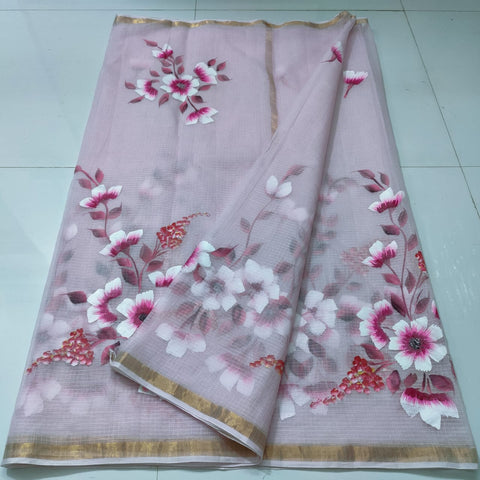 Kota Pure Cotton Hand Painted Saree - Lavender Color