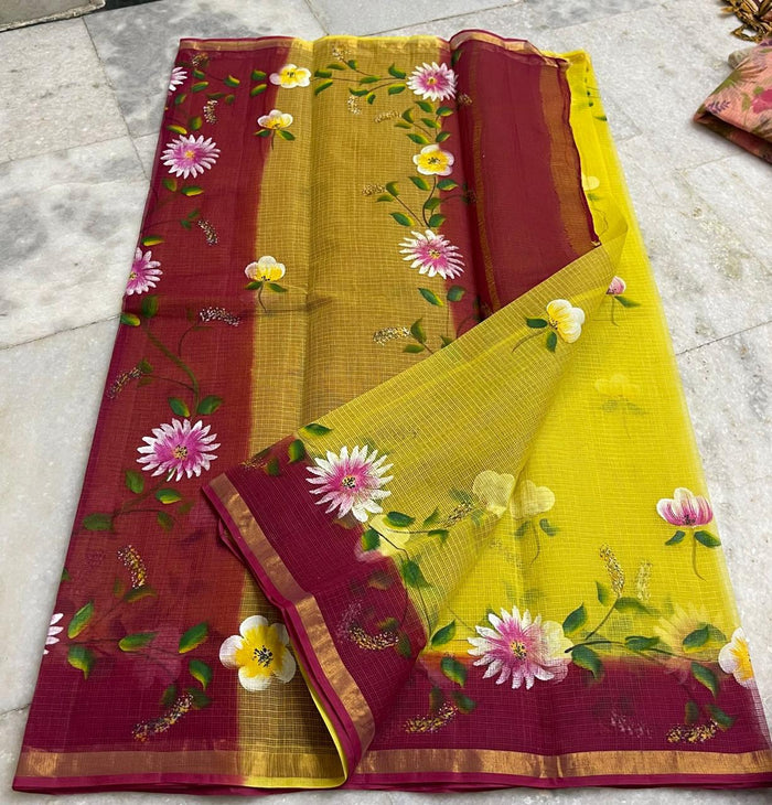 Kota Pure Cotton Painted Saree - Red & Yellow Color