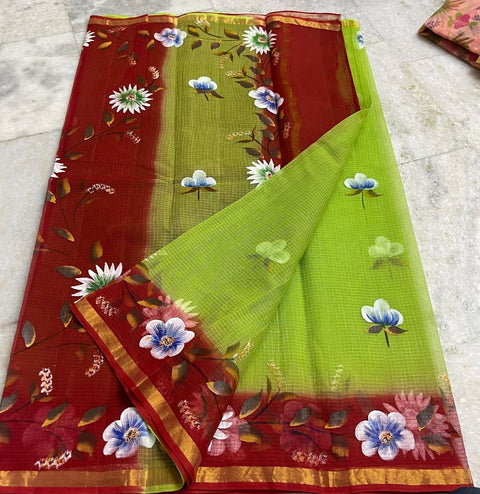 Kota Pure Cotton Painted Saree - Red & Green Color