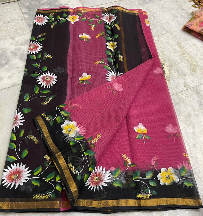 Kota Pure Cotton Painted Saree - Black & Pink Color