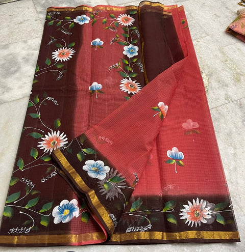 Kota Pure Cotton Painted Saree - Red & Brown Color