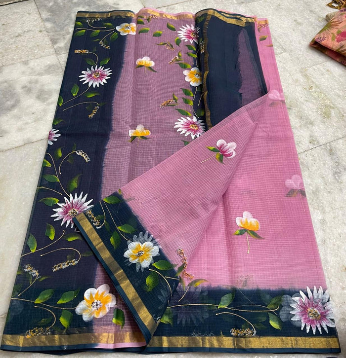 Kota Pure Cotton Painted Saree - Navy Blue & Pink Color