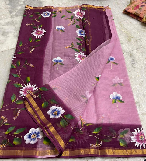 Kota Pure Cotton Painted Saree - Wine & Pink Color