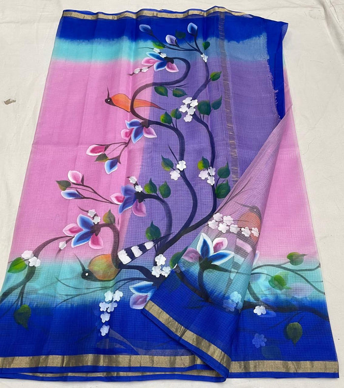 Hand Painted Kota Pure Silk Saree - Navy Blue & Pink Color