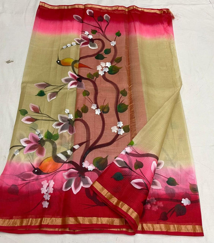Hand Painted Kota Pure Silk Saree - Red & Beige Color