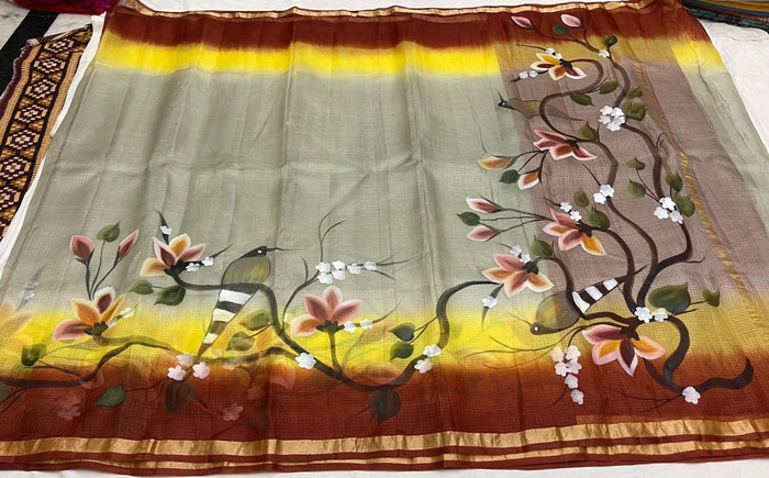 Hand Painted Kota Pure Silk Saree - Grey & Brown Color