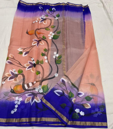 Hand Painted Kota Pure Silk Saree - Peach & Blue Color