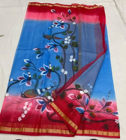 Hand Painted Kota Pure Silk Saree - Navy Blue & Red Color