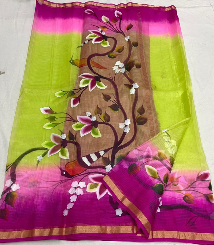 Hand Painted Kota Pure Silk Saree - Green & Pink Color