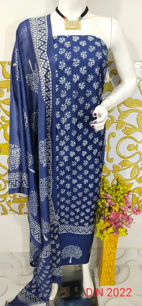 Premium Quality Screen Printed Designs Katan Silk Suit Indigo Color - D  No. 2022