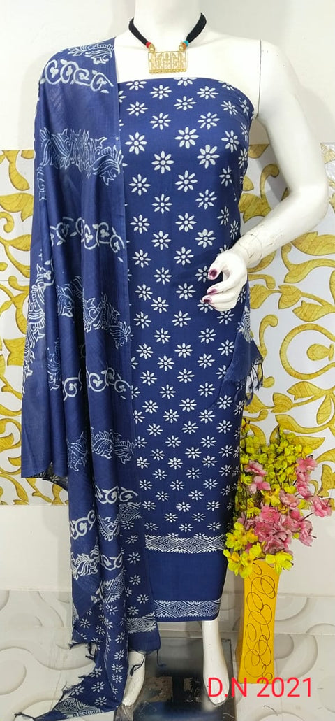 Premium Quality Screen Printed Designs Katan Silk Suit Indigo Color - D  No. 2021