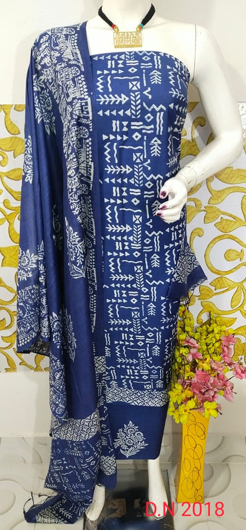Premium Quality Screen Printed Designs Katan Silk Suit Indigo Color - D  No. 2018